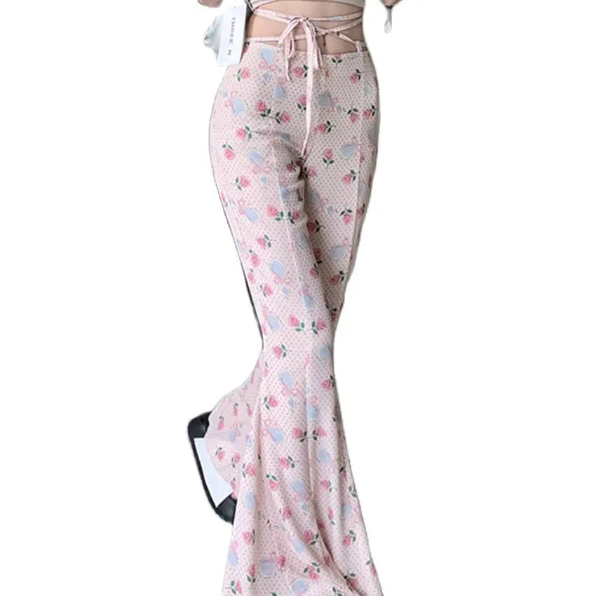 Aiertu  -  Slim Mopping Flare Pants Women High Waist Slim-Fit Printed Chic Autumn Casual Streetwear Office Lady Florals Aiertu