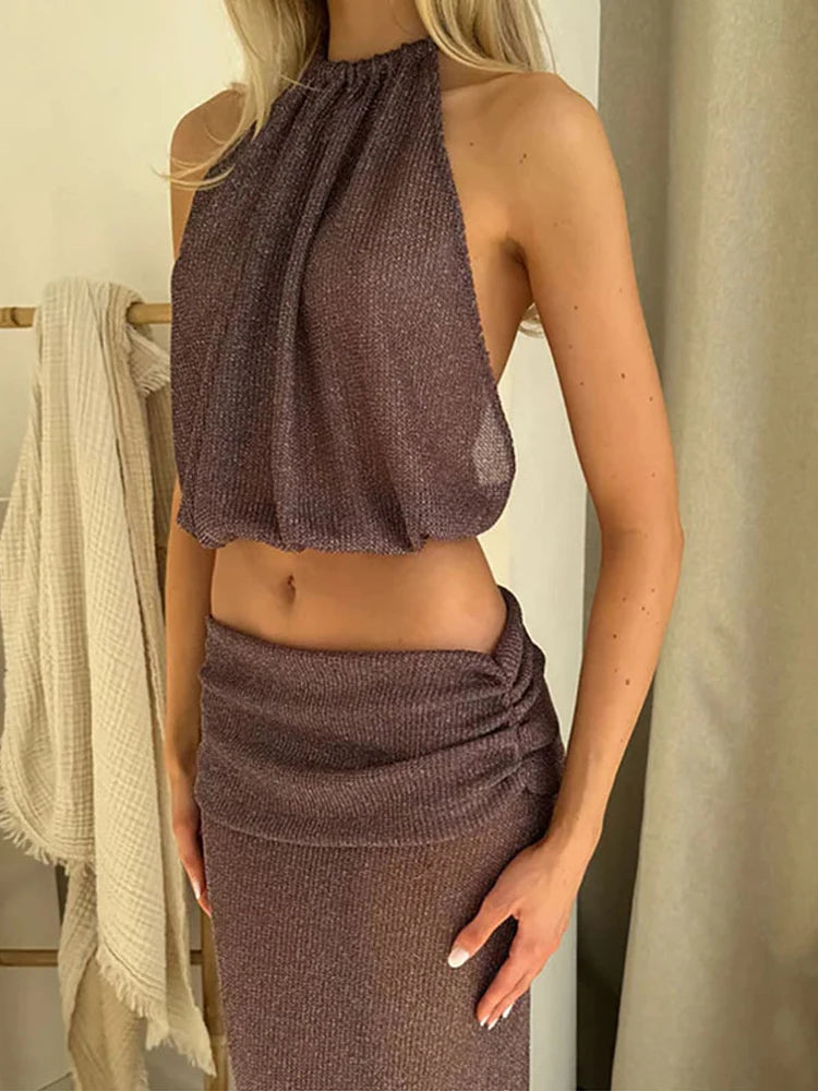 Aiertu  Women Skirts Suit Sexy See through Sleeveless Backless Halter Tank Top High Waist Hip Package Pleated Skirt Sets Lady Outfits Aiertu