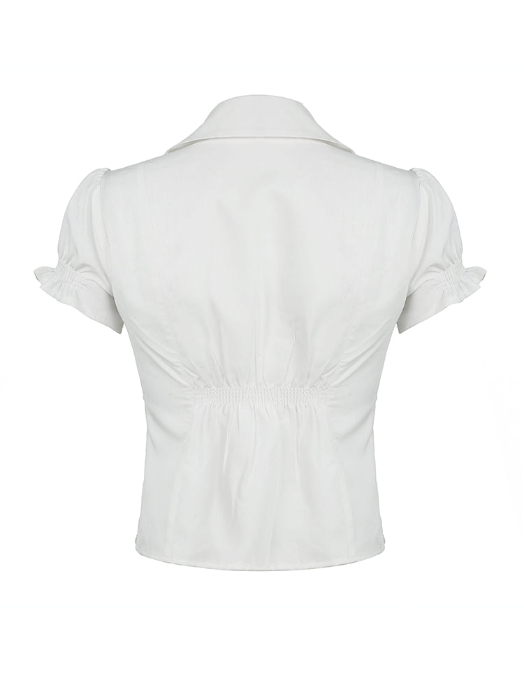 Aiertu - summer inspo Hot Single Breasted Puff Sleeve White Shirts For Women Button Turn Down Collar Pockets Simple Casual Safari Style Tops Aiertu