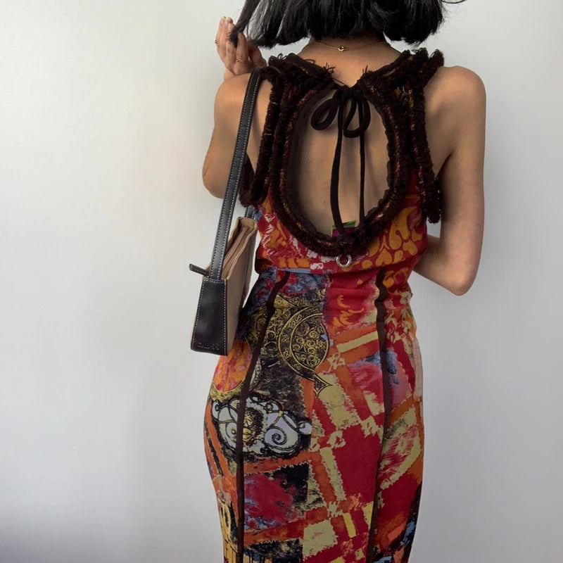 Aiertu  Sexy Backless Hollow Out Sleeveless Maxi Dresses Vintage Oil Painting Print Bodycon Dress Aesthetic Party Slim Vestidos Aiertu