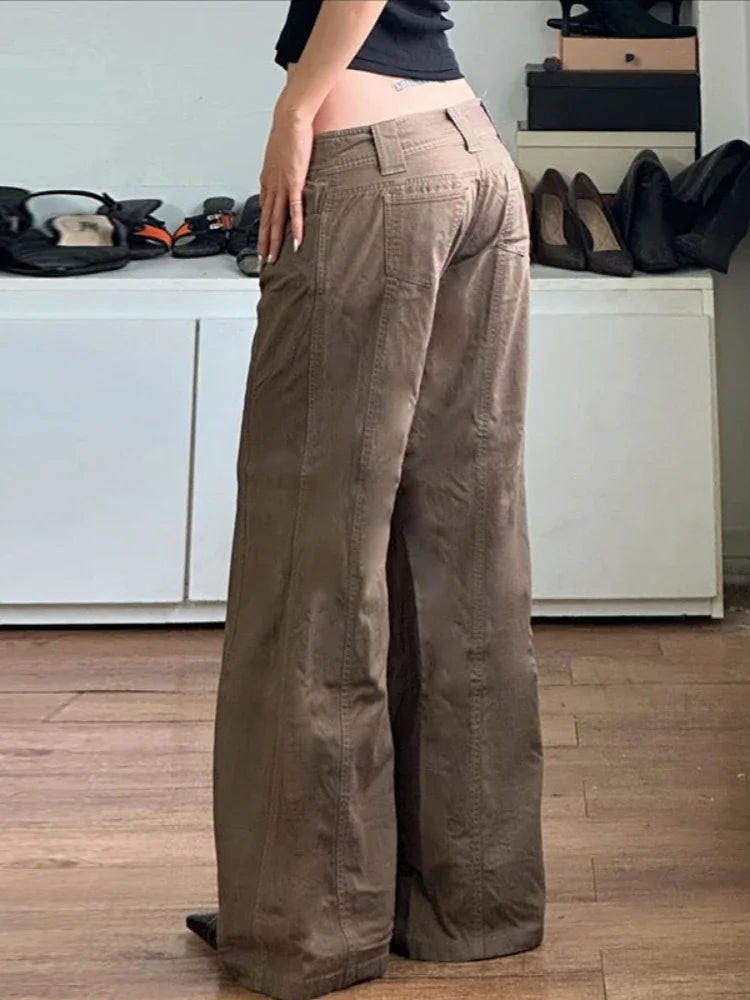 Aiertu  -  American Style Vintage Low Waist Brown Pants Women Grunge Sexy Y2k Streetwear Hip Hop Loose Baggy Trousers Aiertu