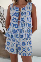 Aiertu  -Casual Flowers Lace Up Contrast O Neck Sleeveless Two Pieces(3 Colors) aiertu