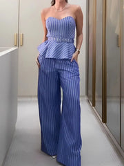 Aiertu  -  Stripe Belted Pants Set Elegant Bandage Wide Leg Pants Suit Office Lady Clothing Two Piece Set With Pants Aiertu