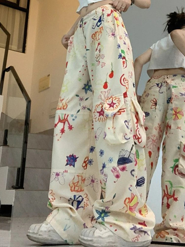 Aiertu  -  Streetwear Kawaii Cargo Pants Women Hip Hop Graffiti Print Harajuku Wide Leg Pants Casual Loose Y2k Trousers Summer Aiertu