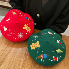 Aiertu  -  Christmas Beret Women's Hand-embroidered Wool Felt Hat for Autumn Winter New Holiday Cute Red Green Painter Hat Warm Pumpkin Hat Aiertu