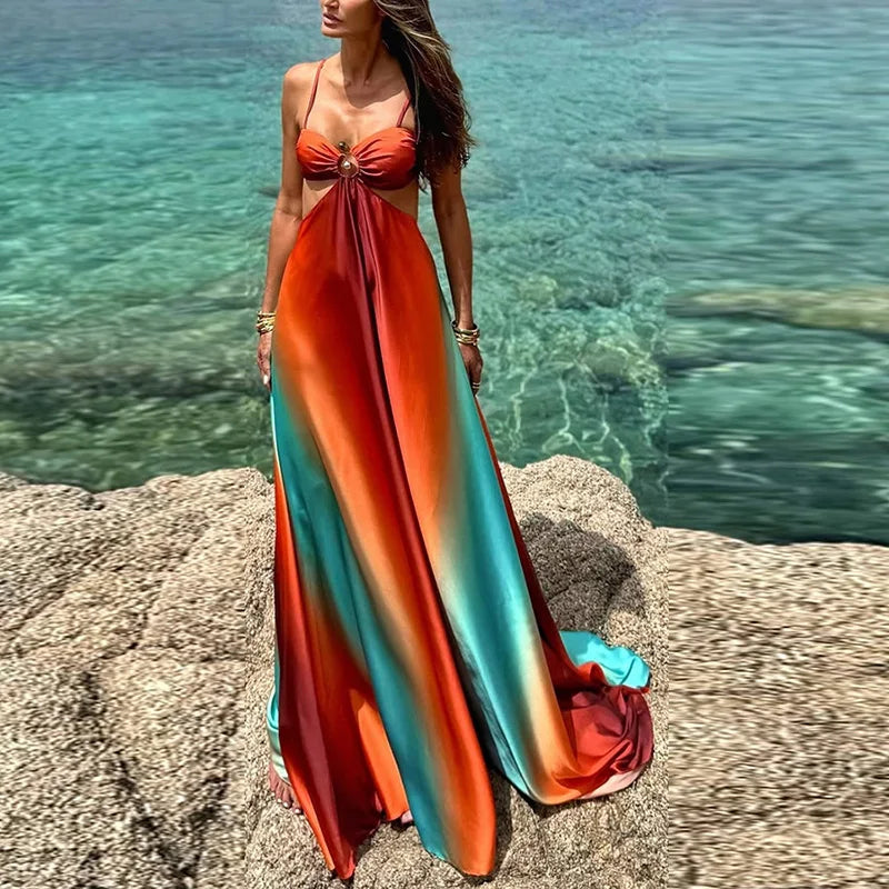 Aiertu  -  Fashion Panelled Dress Women Hollow Out Sling Backless A-line Floor-length Dresses Female 2025 Spring Summer Vacation Lady Robe Aiertu