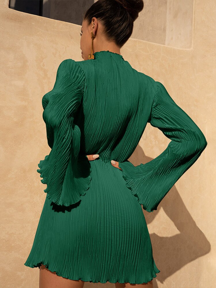 Aiertu  Elegant Flare Sleeve O Neck Pleated Mini Dress for Women Robe Autumn Long Sleeve Ruched Short Dresses Clubwear Vestido Aiertu