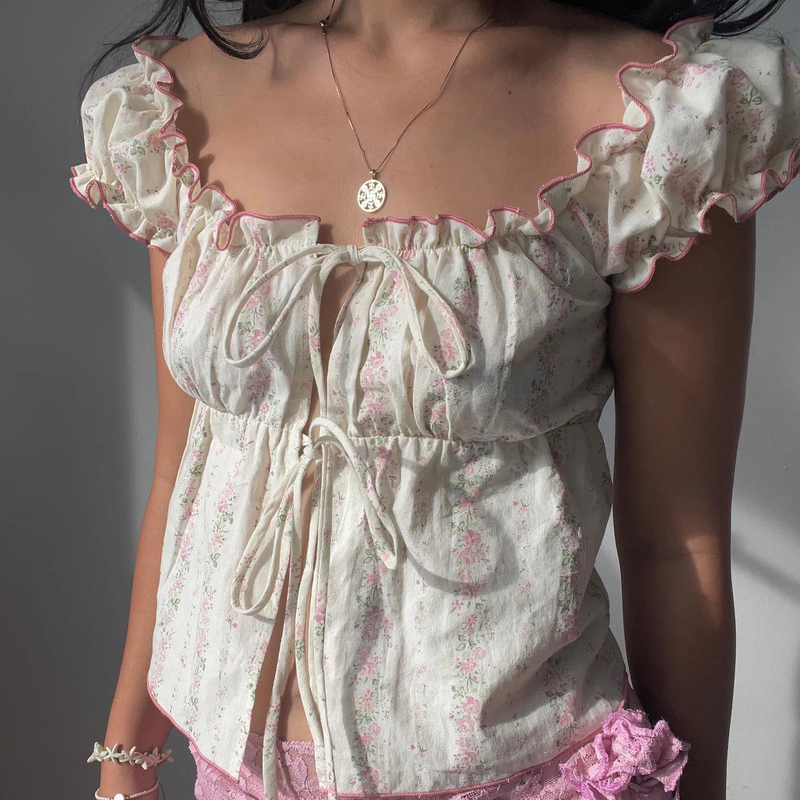 Aiertu  -  Women Y2k Fairy Lace Shirts Cap Sleeve Button Down Lace Patchwork T-Shirts Aesthetic Babydoll Crop Tops Summer Streetwear Aiertu