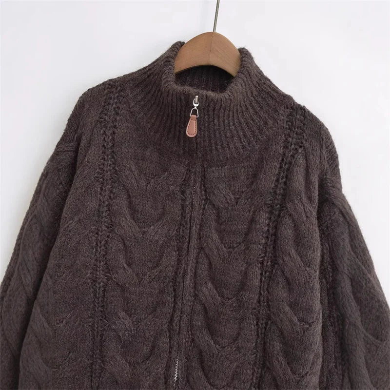 Aiertu  -  casual winter outfits Women Coffee Knitted Yarn Twist Cardigan Women Autumn Winter Stand Collar Zipper Thick Sweater Female Retro Tops Aiertu