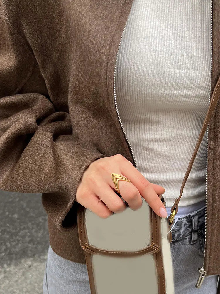 Aiertu  -  Fashion Brown Short Woolen Jacket For Women Elegant Lapel Long Sleeves Zipper Cropped Coats Autumn Chic Lady High Street Outwear Aiertu