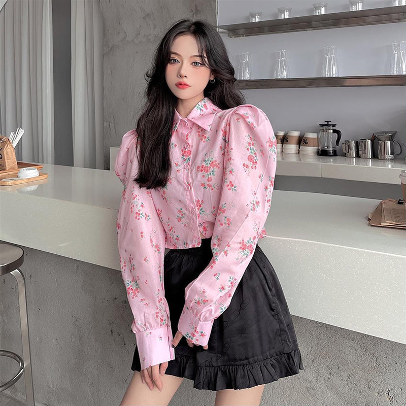 Aiertu Y2K Printing Shirt Korean Sweet Puff Sleeve Crop Tops Fashion Turn Down Collar Long Sleeve All Match Harajuku Blouses New Aiertu