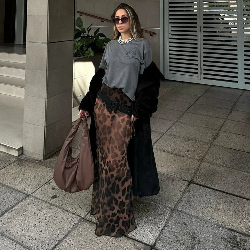 Aiertu       -  Mesh Stitching Leopard Sexy See-Through Long Skirt Female Animal Print Slim High Waist Skirts Hot Girl Fashion Streetwear Aiertu