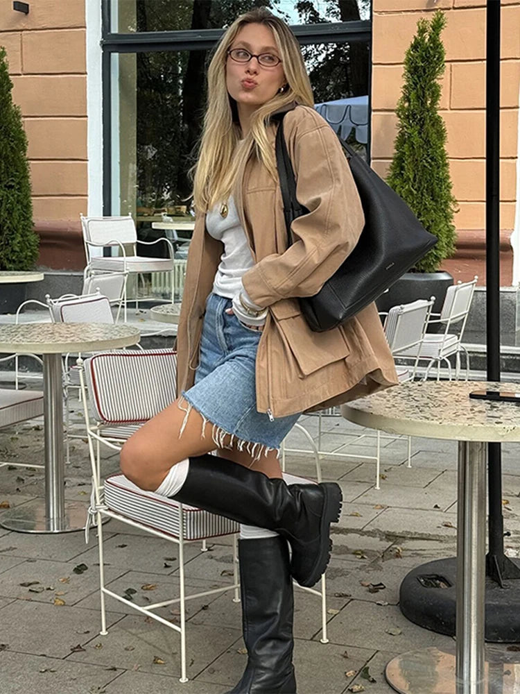 PICSGIRL  -  Fashion Lapel Zipper Women Jacket Full Sleeve Loose Female Coat Fashion Autumn Winter Vintage Solid Patchwork Lady Outwear Aiertu