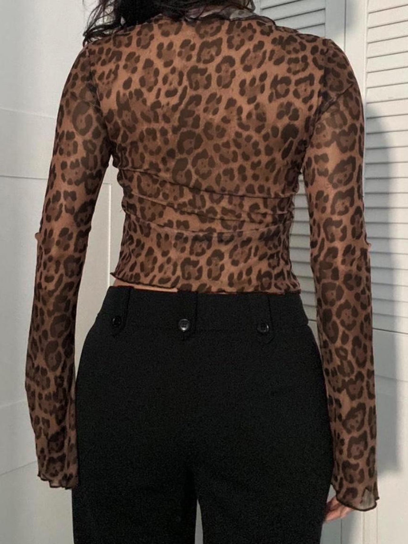 Aiertu - summer inspo Leopard Print Lace-Up Blouse Shirts Women Semi-Sheer Mesh Elegant Fashion Sexy Flared Sleeve Ruffled Cardigan Tops Aiertu