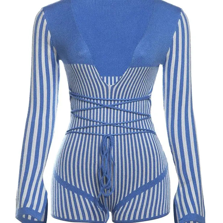 Aiertu  -  Low-Neck Crochet Bandage Playsuits Women Contrast Striped Patchwork Long Sleeve Autumn Fit Trend Vacation Skinny Romper Aiertu