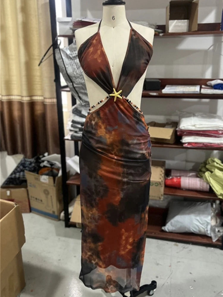 Aiertu  -  Hollow Irregular Print Pearl Chains Patchwork Maxi Dress Women Sexy See Through Lace-Up Halter Backless Fashion Vestidos Aiertu