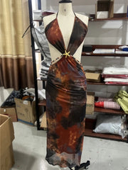 Aiertu  -  Hollow Irregular Print Pearl Chains Patchwork Maxi Dress Women Sexy See Through Lace-Up Halter Backless Fashion Vestidos Aiertu