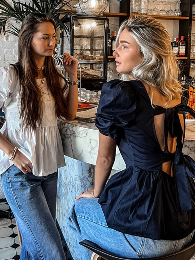 Aiertu  -  Back Lace Up Bow Shirt Top Square Collar Hollowed Out Casual Temperament Waist Cinching Summer Women White Short Sleeved Blouse Aiertu