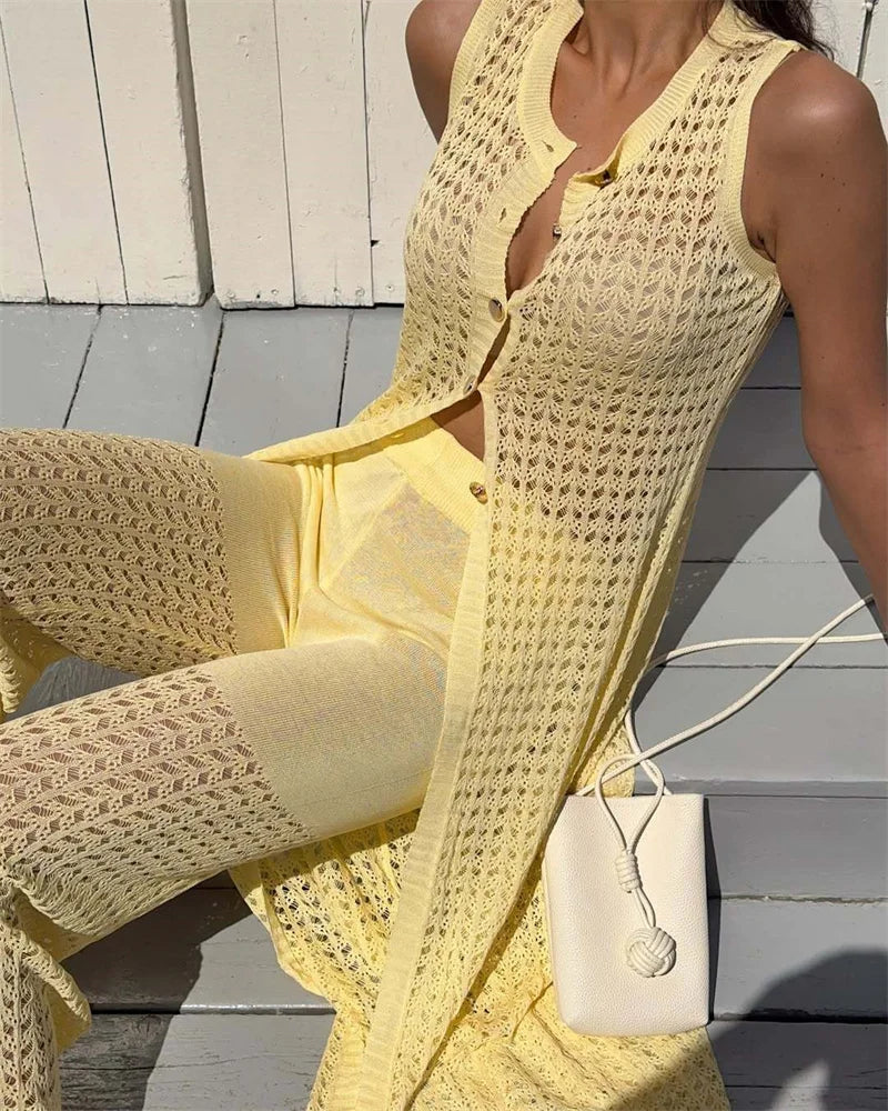 Aiertu  -  Knit Vest Cardigan Beach Dress Long Pants 2 Pieces Sets For Women Hollow Out Sexy See Through Cardigan Long Pants Sets Aiertu