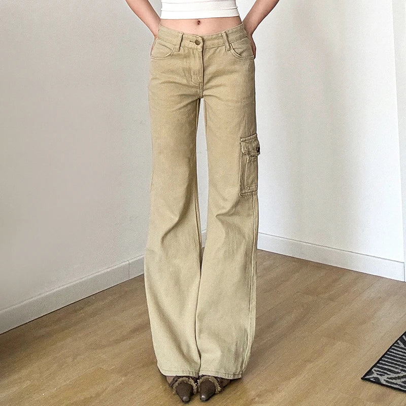Aiertu  -  Y2K Casual Women Straight Jeans Khaki Fashion Pocket Cargo Pants Retro 90s Loose Denim Trousers Spring High Street Aiertu