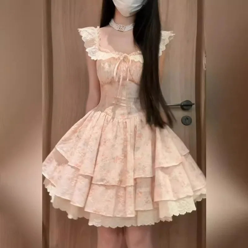 Aiertu  -  Hot Girl Lace Flying Sleeve Floral Dress for Women's Summer Slim Fit Square Collar A-line Short Dress Fashion Female Clothes Aiertu