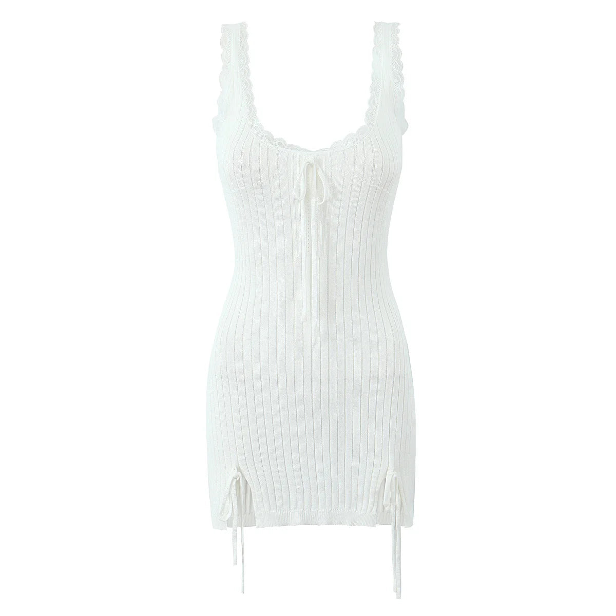 Aiertu  -  High Street Women Lace Trim  Knit Sling Sexy Dress O Neck Sleeveless Hem Slit Bodycon Mini Dresses Holiday Summer Robe Pink Aiertu