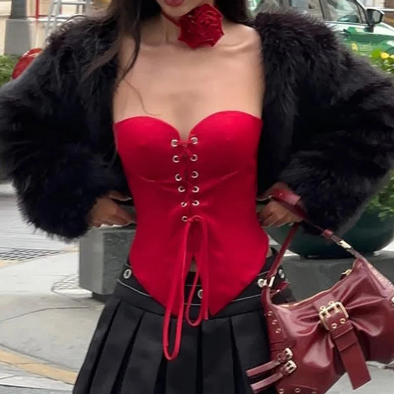 Aiertu  -  Sexy Women Red Corset Top Cross Lace-up Y2K Skinny Strapless Tops Fashion Ladies High Street Tanks Clubwear Summer Aiertu
