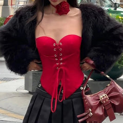 Aiertu  -  Sexy Women Red Corset Top Cross Lace-up Y2K Skinny Strapless Tops Fashion Ladies High Street Tanks Clubwear Summer Aiertu