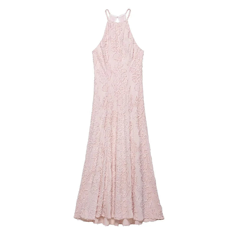 Aiertu  -  Elegant Off Shoulder Prom Gowns 2026 Pink Jacquard Slim Fit Maxi Dresses For Women Summer Evening Party Robes Sleeveless Halter Aiertu