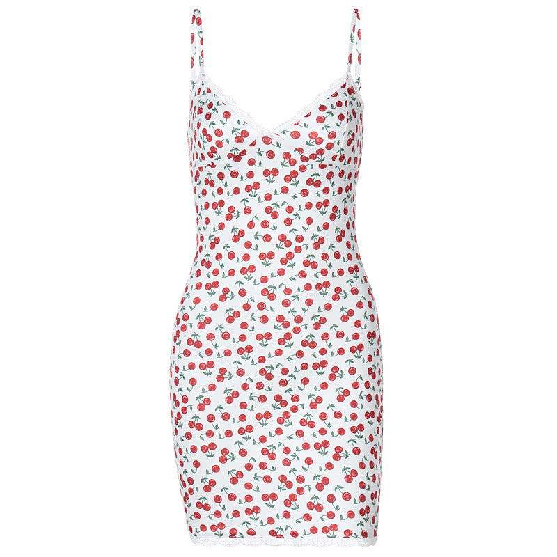 Aiertu - Sexy V-neck Lace Sling Print Temperament Dress Aiertu