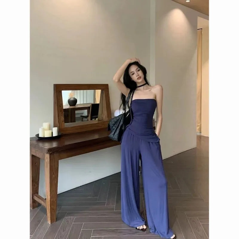 Aiertu  -  Sweet Hot Girl Pure Sexy Suit Women's Summer Irregular Slit Strapless Vest Wide Leg Pants Two-piece Set Fashion Female Clothes Aiertu