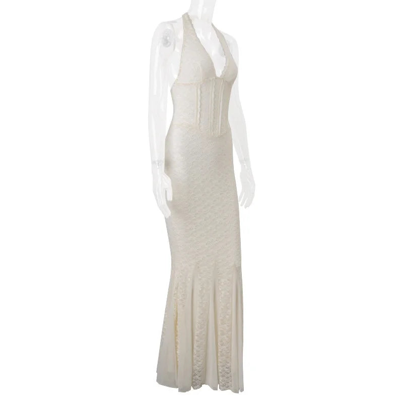 Aiertu  -  V-neck Halter Sexy Maxi Dress Women High Waist Sleeveless Patchwork Backless Lace-up Solid Sexy Summer Holiday Dress Aiertu