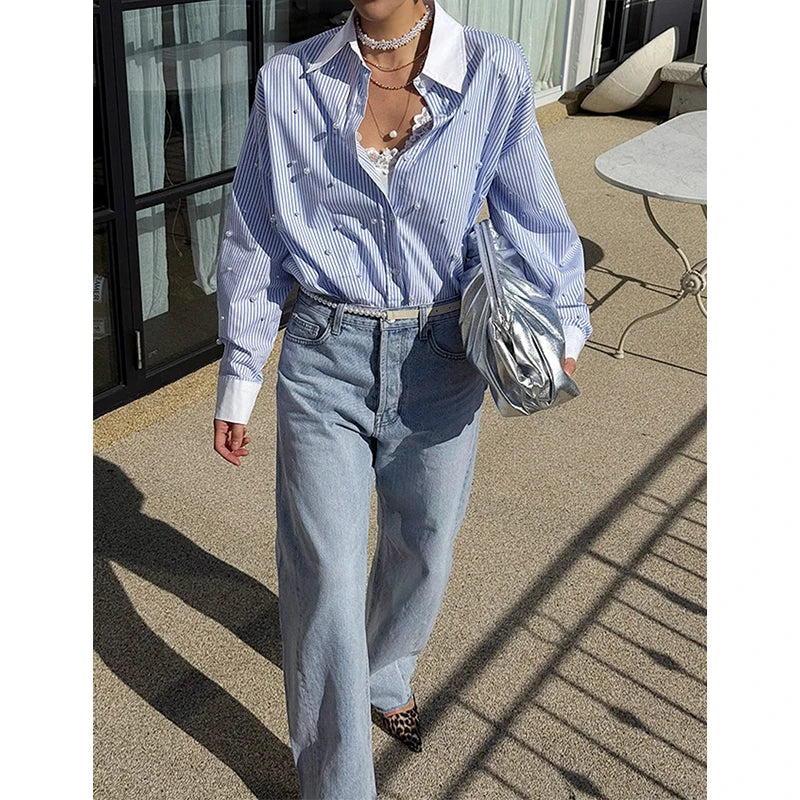 Aiertu  -  Elegant Striped Shirts Women Fashion Beading Patchwork Blouses Office Ladies Korean Oversize Long Sleeve Design Tops New Aiertu