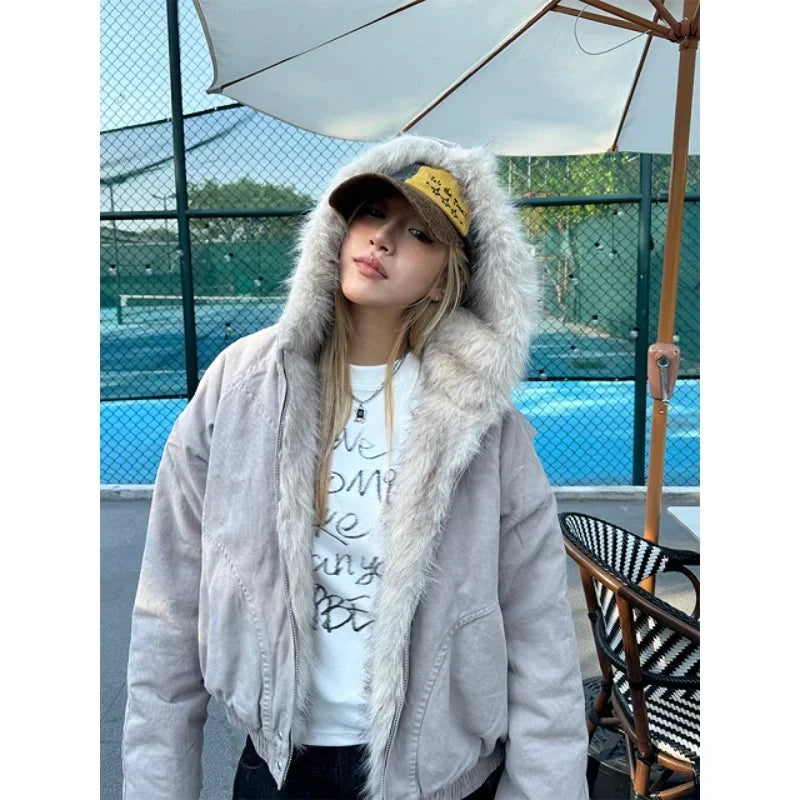 Aiertu  -  Trendy Y2K Plush Lined Hooded Solid Color Thick Coat Women's Popular Clothing Winter New Plus Velvet Thick Loose Casual Coat Aiertu
