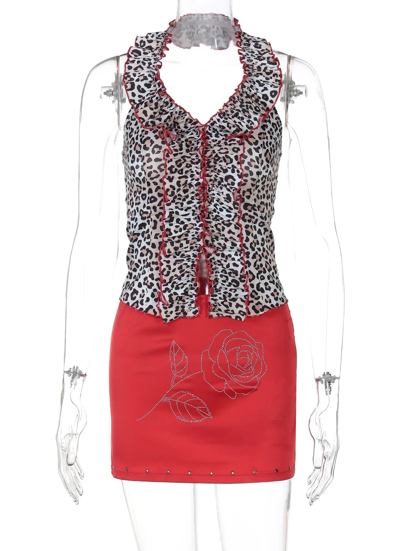 Aiertu  -  Sexy Rhinestones Flower Red Skirts Matching Set Women Leopard Printed Backless Corset Tops and Mini Dresses Suit Party Clubwear Aiertu
