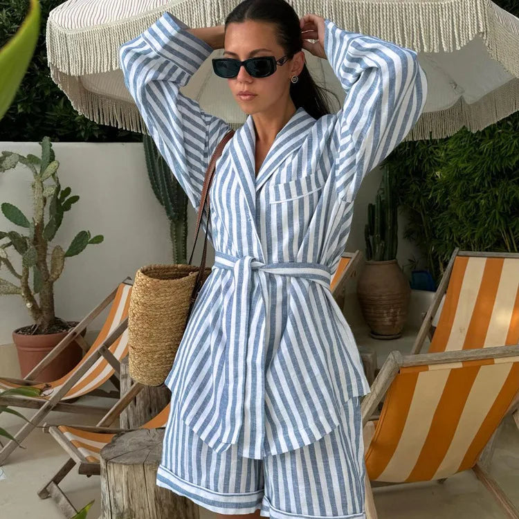 Aiertu  -  Blue Striped Shorts 2 Piece Set Women Single Breasted Lace-up Long Sleeve Blouse+Short Pants Casual Fashion Loose Suits 2025 New Aiertu