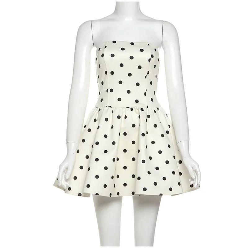 Aiertu  -  Fashion Wave Point Party Dress Women Strapless Backless Ruffle Hem A-line Mini Dresses Female 2025 Spring Summer Chic Lady Robe Aiertu