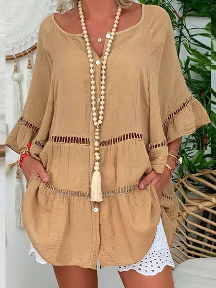 Aiertu  Women Hollow Out Cotton Linen Mini Top Dress 2025  Summer V Neck Flared Sleeve Loose Irregular Dress Woman Casual Beach Dresses Aiertu