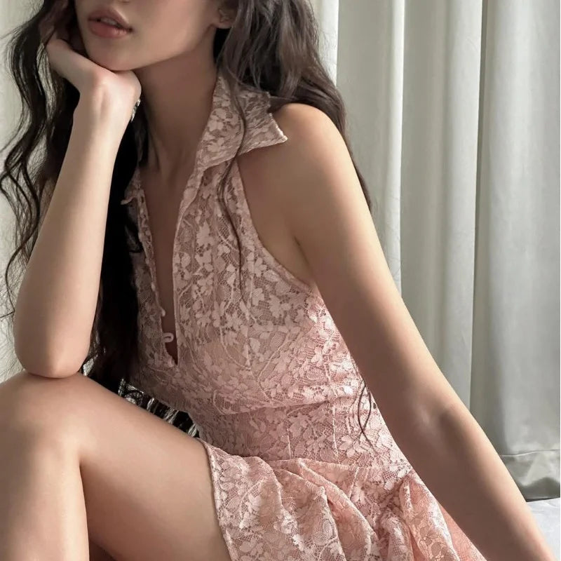 Aiertu  -  French Sweet Girl Pink Lace Halter Neck Sleeveless Dress Women's Summer Pure Sexy Slim-fit A-line Dress Fashion Female Clothes Aiertu