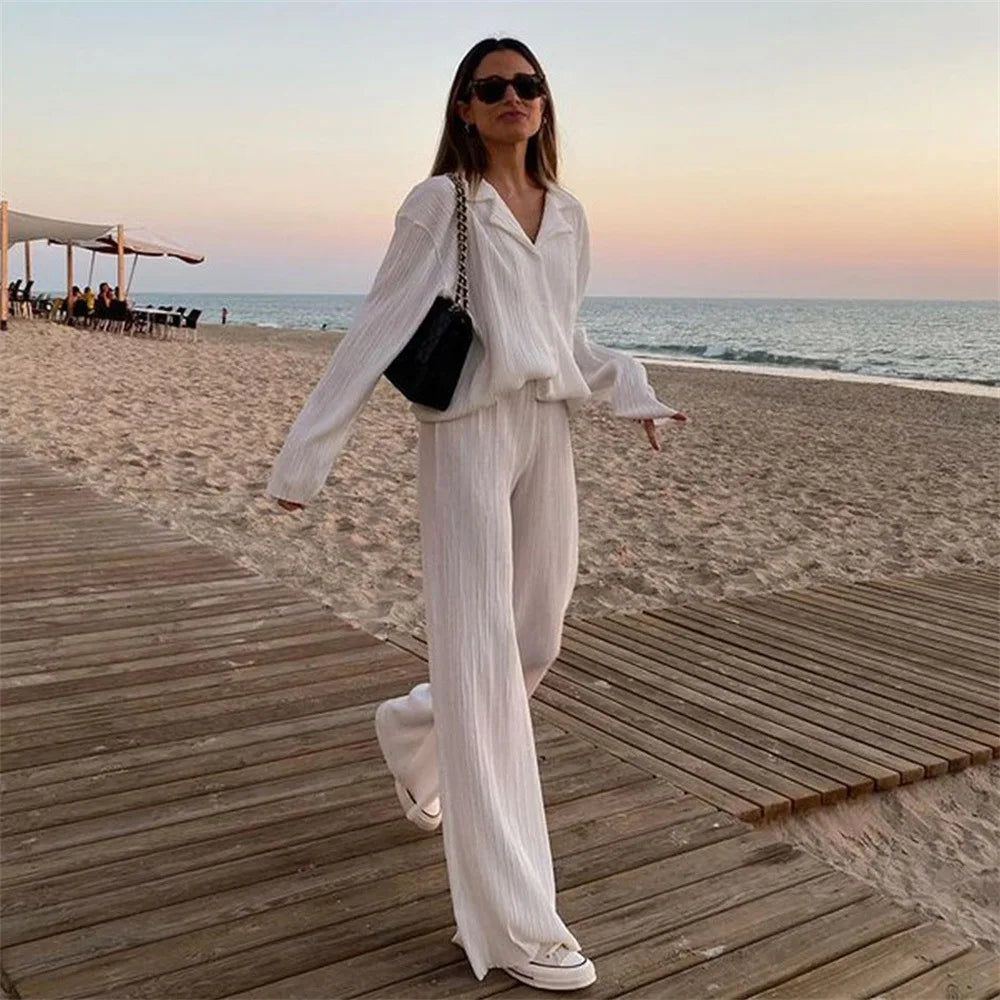 Aiertu  -  Causal Commuter Ladies Long Top Pants Set Streetwear Shirt Suit Big Wig Trousers Loose Two-piece Set Women Suit Festival Outfit Aiertu