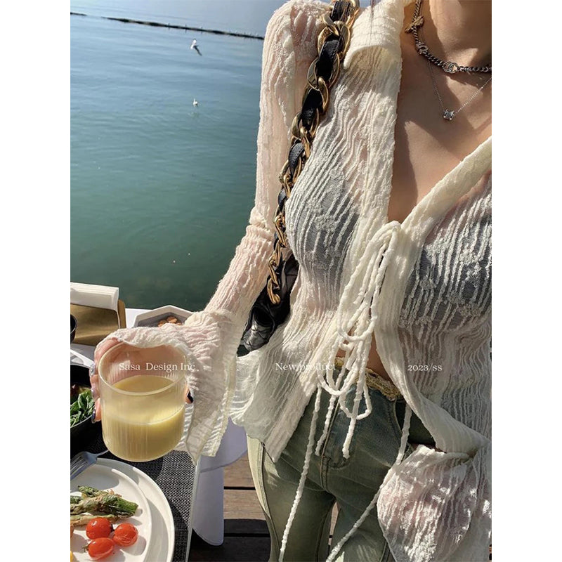 Aiertu Y2K Lace Thin Shirt Women Sexy Sunscreen See Through Slim Blouses Vintage Skinny Casual Crop Tops Sun Protection Cardigan Aiertu