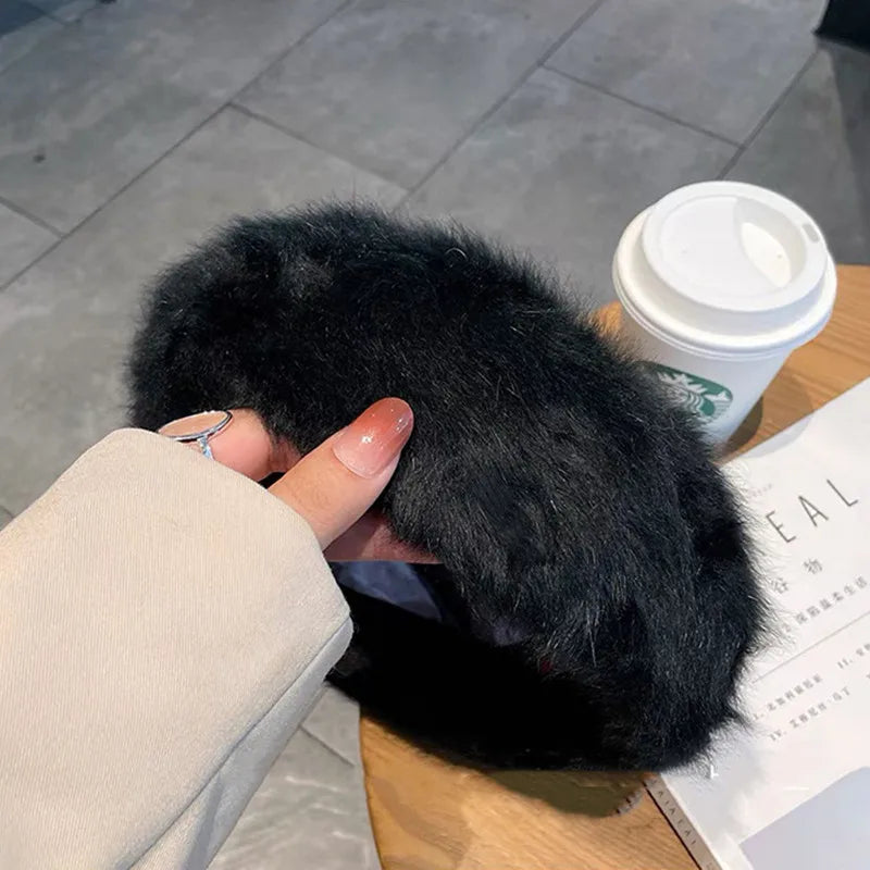 Aiertu  -  Winter Rabbit Fur Soild Color Beret Hats Women For Adjustable Elastic Band Warm Beret Elegant Soft French Artist Beanie Hat Girl Aiertu