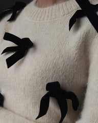 Aiertu  -   Fall Winter Knitted Bow Detail White Sweaters Tops Round Neck Long Sleeve Top Chirstmas Casual Outfits Streetwear Aiertu