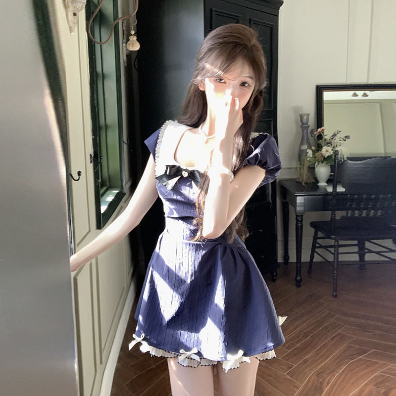Aiertu  College Style Sweet and Cute Dress for Women with Summer Bow Puff Sleeves A-line Princess Skirt Aiertu