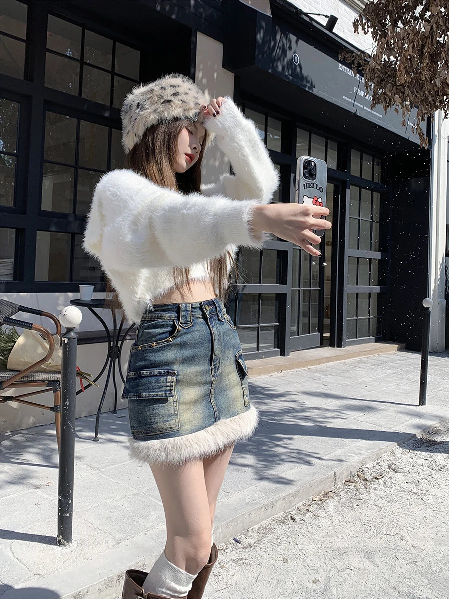 Aiertu  -  Faux Fur Patchwork Denim Mini Skirt Women Vintage High Rise Do Old Star Rivets Pockets Cargo Skirt Snow Winter Clothes Aiertu