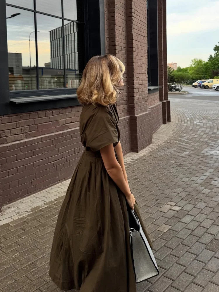 Aiertu  -  Lace Up Waist Cinched Dress Flying Sleeve Solid Color V Neck Pleated Slimming Workwear Women Strap Long Dresses Casual Robes New Aiertu