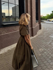 Aiertu  -  Lace Up Waist Cinched Dress Flying Sleeve Solid Color V Neck Pleated Slimming Workwear Women Strap Long Dresses Casual Robes New Aiertu