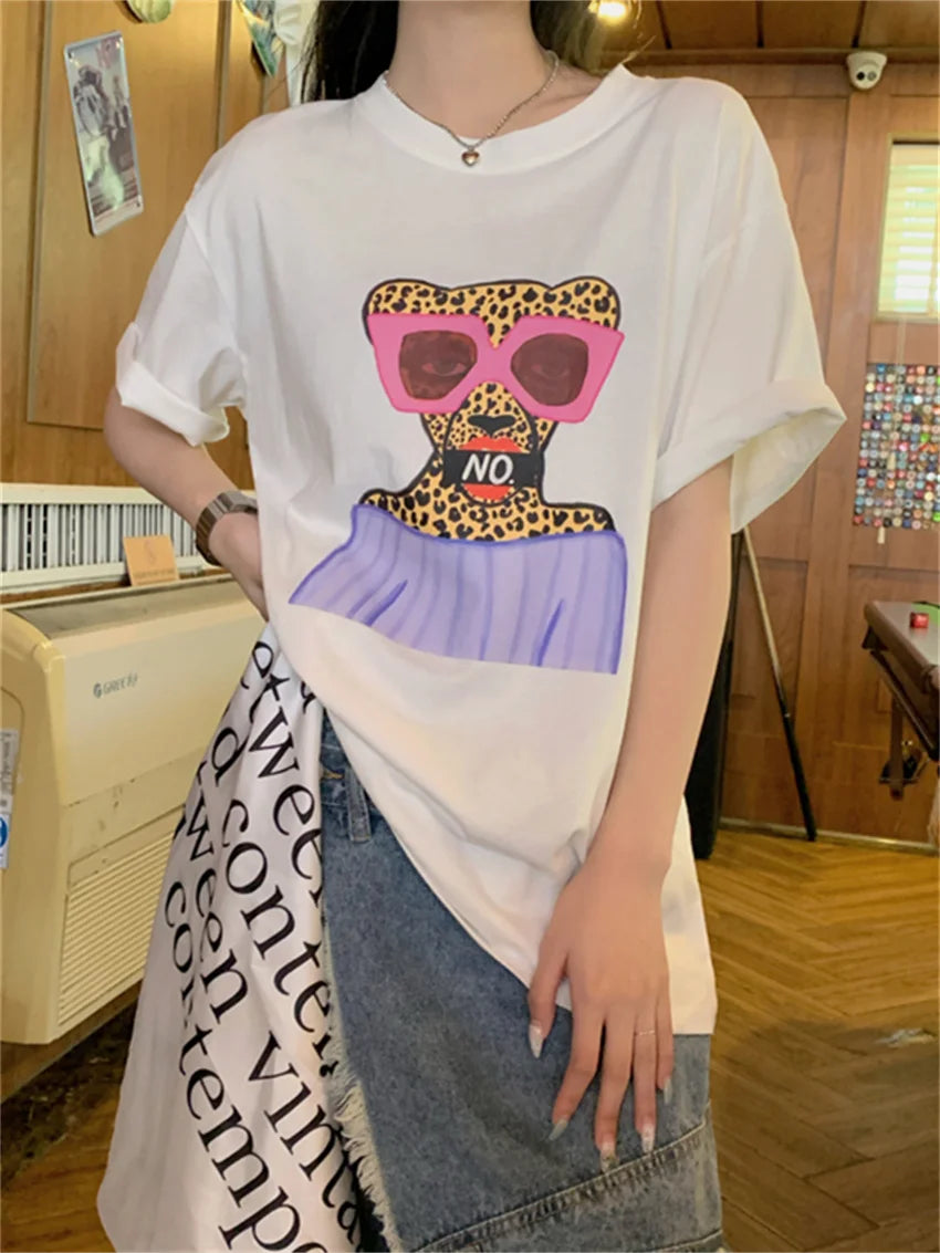 Aiertu  -  Cartoon Printed T-Shirts Casual High Street Women Loose Summer OL All Match Mujer Half Sleeve Chic Office Lady Tees Aiertu