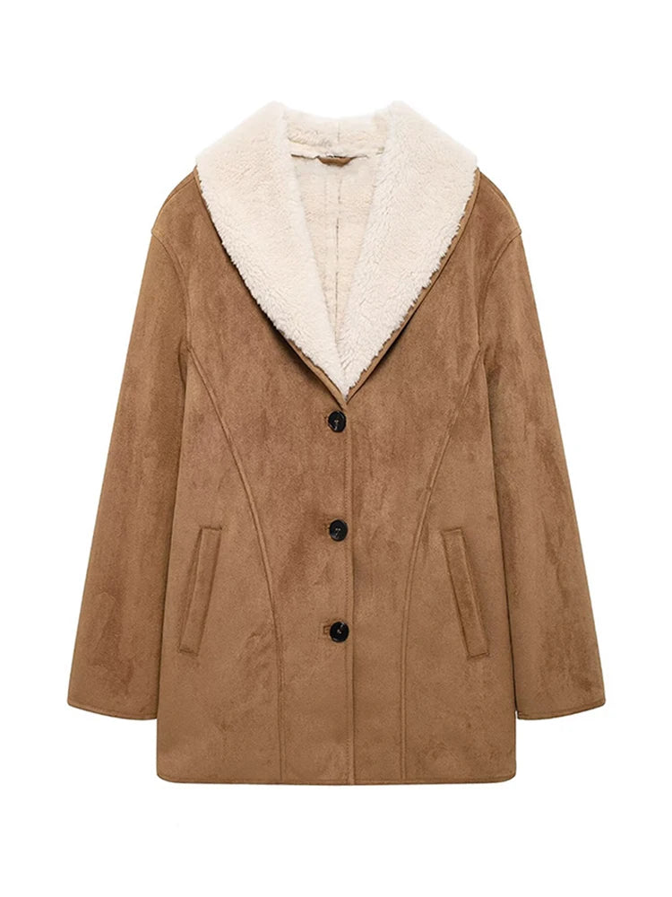 Aiertu  -  Fashion Solid Lapel Women Jacket Lamb Wool Full Sleeve Lady Coat Autumn Winter Warm Thicken Vintage Loose Female Outwear Aiertu