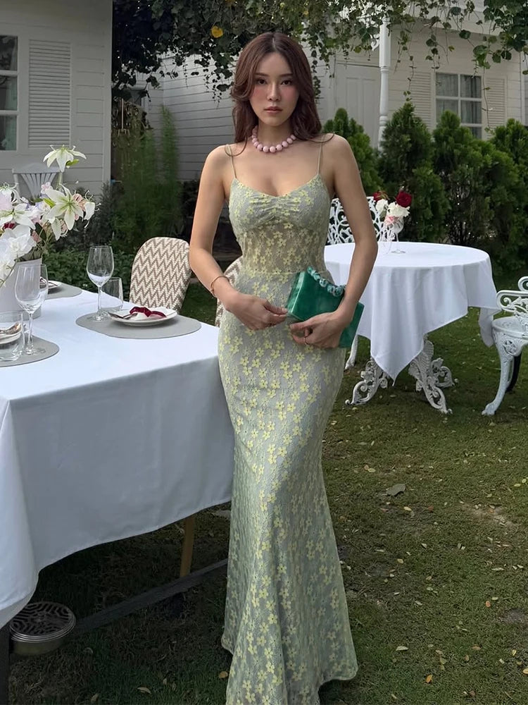 Aiertu  -  Elegant Dress Women Jacquard Sleeveless Flower Backless Fashion Low-Neck See Through Vacation Birthday Party Vestidos Aiertu